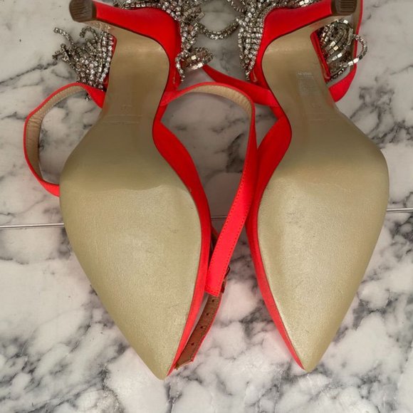 AREA Neon Orange Crystal Chandelier Canvas Block Heel Point Toe Pumps - Picture 6 of 11